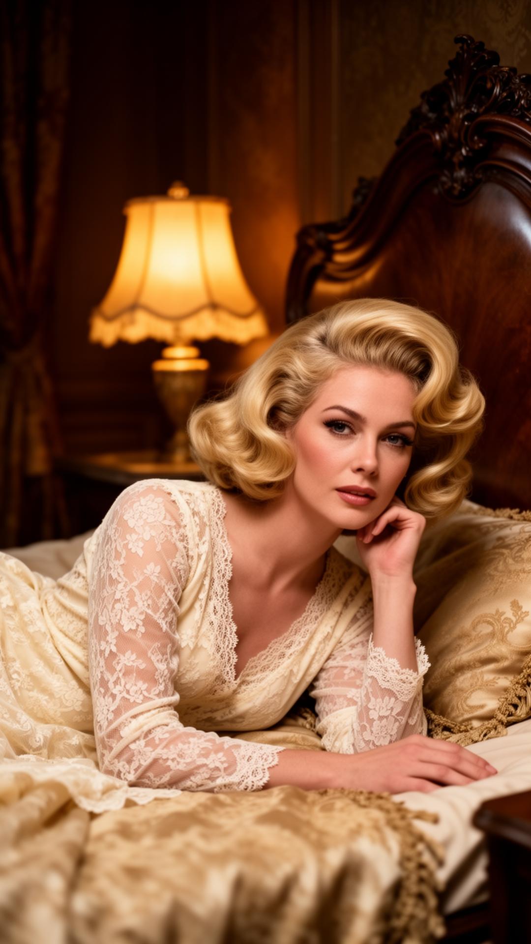 A glamorous 1960s woman in a warm, lamp-lit lounge — Mixvid signature aesthetic